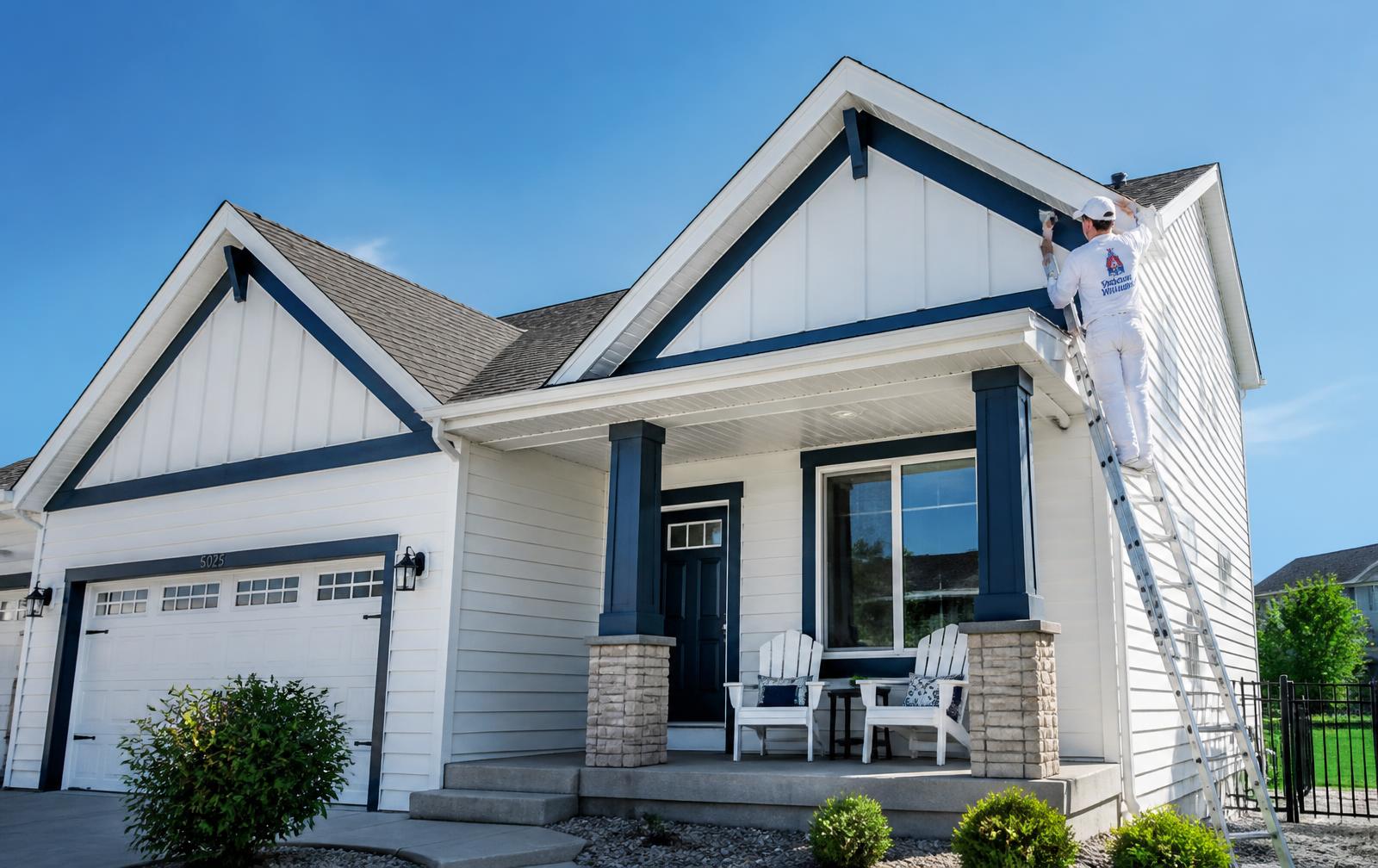 Painter finishing the exterior trim of a Minneapolis home